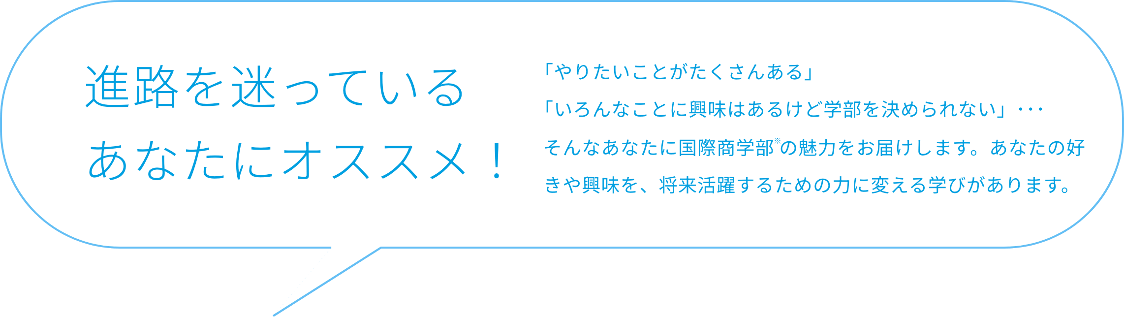 進路を迷っているあなたにオススメ！ 「やりたいことがたくさんある」「いろんなことに興味はあるけど学部を決められない」･･･ そんなあなたに見てほしい国際商学部。自分の好きや興味を、将来活躍するための力に変える学びがあります。